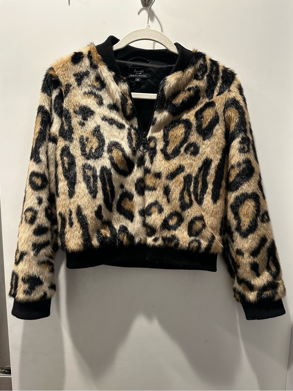 Bardot Junior Faux Fur Leopard Print Bomber Jacket Girls Size 16.